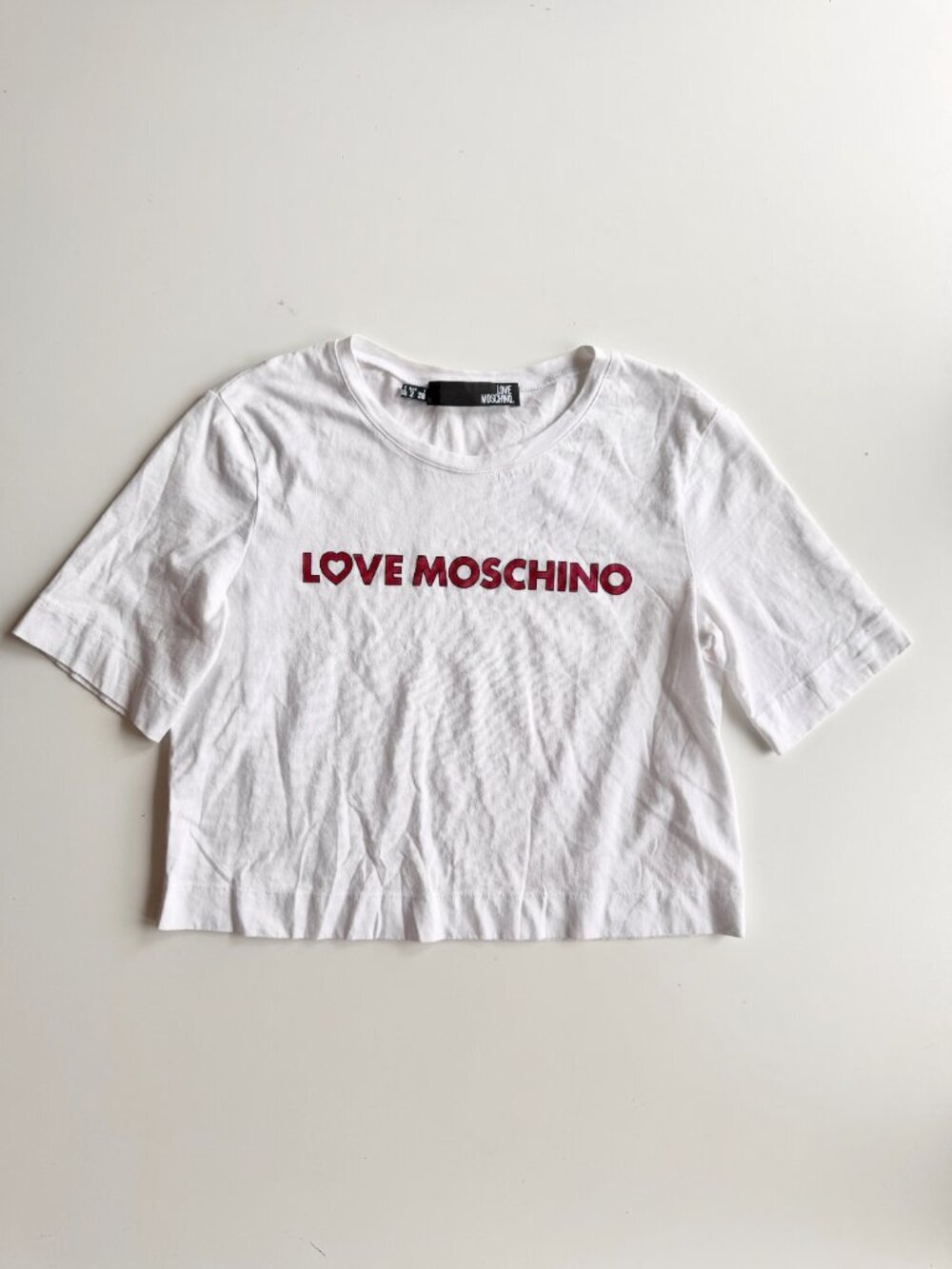 LOVE MOSCHINO White Cotton Jersey Logo Boxy Crew Neck T-Shirt, Size 2